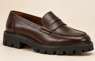 Brown penny loafer with a chunky lug sole